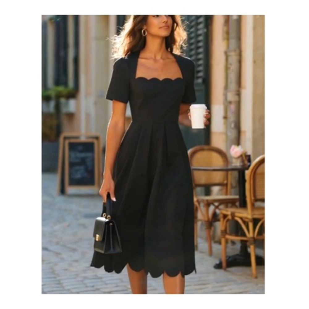 Fehaute Black Asymmetric‎ Scalloped Square Neck A-Line Midi Dress Size XXL NWT